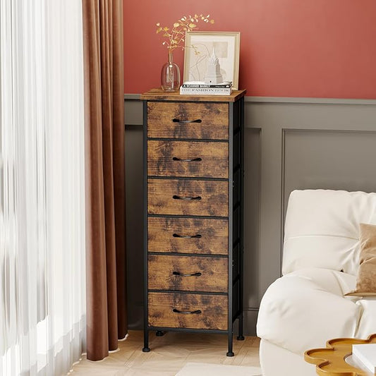 Fixwal Tall Dresser for Bedroom Closet Organizers and Storage Tall Fabric Dresser with 6 Drawers, Small Clothes Storage Girl Bedroom Furniture, Rustic Brown