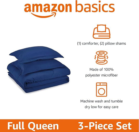 Amazon Basics 3-Piece Soft Microfiber Kid's Comforter and Pillow Sham Set, Full/Queen, Navy, Solid