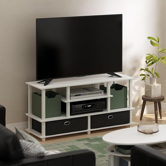 Furinno Jaya TV Stand, 4-Tier Entertainment Center with Open Shelf, TV Console for TV up to 55 Inch with 2 Storage Bins, Toolless Assembly, for Living Room, Bedroom, White