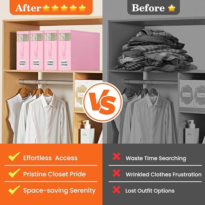 WOWBOX Sheet Organizers and Storage,Closet Bed Sheet Organizer Under Bed Storage and Organization with Label Cards & Clear Window for Bedding Sheets,Duvet Covers,Blankets (6 Pack,Pink)