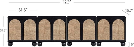 Nathan James Leah Boho TV Stand or Sideboard Cabinet for Kitchen or Living Room with Ball-Style Feet, Natural Seagrass Door Fronts and Solid Wood Legs, Black Set of 4