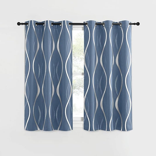 NICETOWN Kitchen Blackout Curtain Panels, Stone Blue, Set of 2, 42" by 40", Window Treatment Thermal Insulated Blackout Wave Line Foil Print Design Curtains for Kitchen, Cafe, Loft