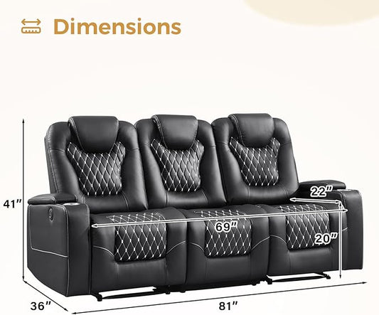 ANJ Recliner Sofa,Power Reclining Couch with USB Ports and Cup Holders - Overstuffed Electric Living Room Seating PU Leather Recliner Sofa Set with Hidden Arm Storage, Easy to Clean (Black)