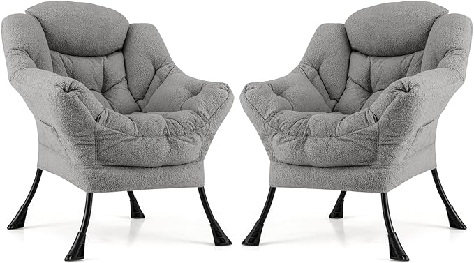Giantex Set of 2 Lazy Chairs, Modern Sherpa Accent Chair w/Upholstered Single Sofa Chair w/Armrests & Side Pocket, Leisure Reading Lounge Chair for Living Room, Bedroom, Office, Dorm (Gray)