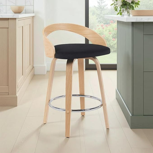 Sonia Modern Swivel Counter Height Bar Stool with Black Upholstered Seat and Patterned Oak Wood Finish Set of 3