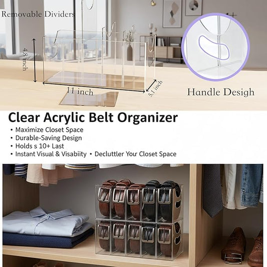 Belt Organizer 2pack,Acrylic Belt storage Organizer for Closet with Removable Dividers - 5 Compartments & Handles Drawer organization and storage for underwear, Socks, and Ties (2)