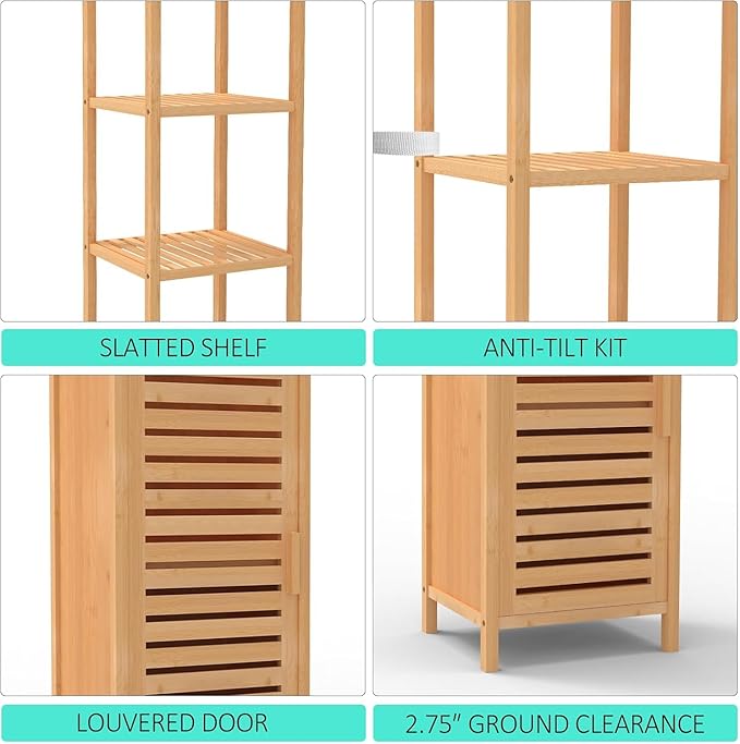 67" Tall Bathroom Cabinet,Linen Tower Cabinet with Single Door and 3 Tier Shelves,Bamboo Freestanding Cabinets Storage Organizer for Living Room, Bedroom, Kitchen