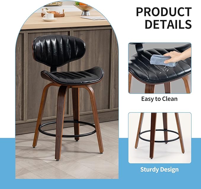 Bar Stools Set of 2, 24 inch PU Leather Wooden Bentwood Swivel Barstools Counter Height Modern Breakfast Bar Chairs with Backrest and Footrest for Kitchen Island, Dining Room D035-Black-2