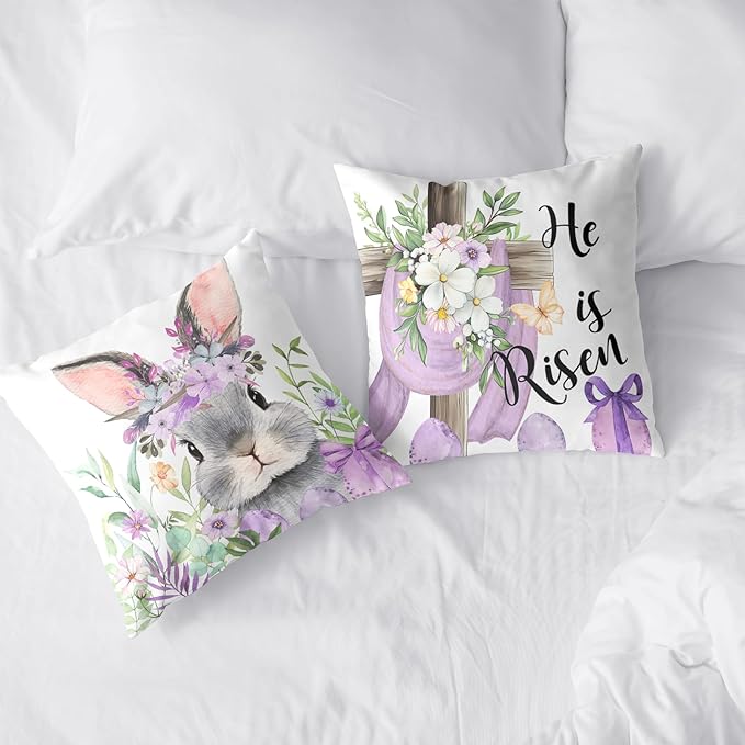 Easter Pillow Covers Floral Cross He is Risen Throw Pillow Covers 24x24 Set of 2 Purple Bunny Rabbit Eggs Pillow Cases Spring Decorative Pillowcases for Bedroom Sofa Holiday Decor