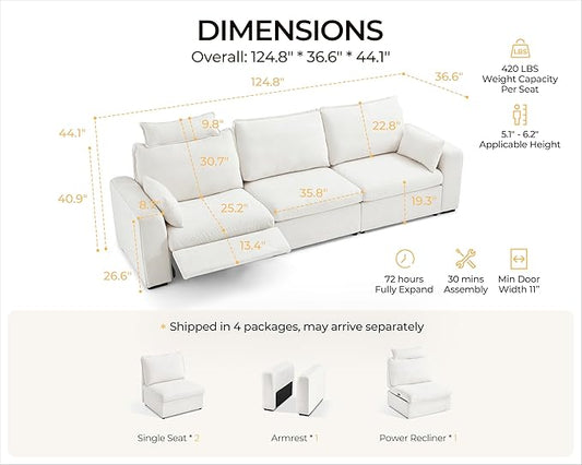 124.8'' Oversized Power Recliner Sofa with Headrest, Extra Wide Deep Modular Cloud Sectional Reclining Couch Wall Hugger, Convertible 3-Seater for RV Home Theater Living Room, Chenille, White