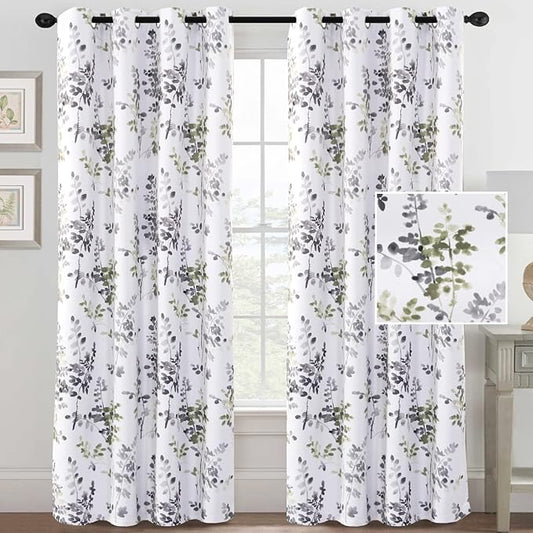 H.VERSAILTEX Floral Curtains, 84 Inch Long Living Room Curtains, Room Darkening Thermal Insulated, Light Blocking Grommet Drapes, 2 Panels, Grey and Sage