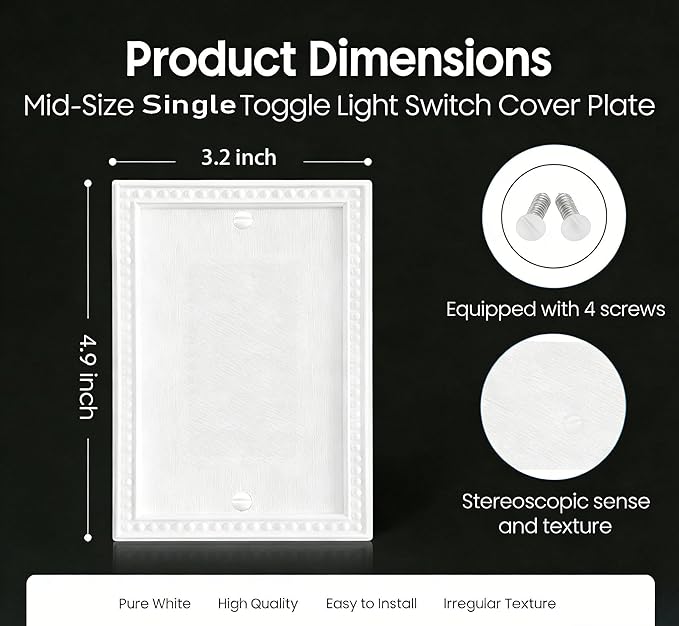 20 Pack Mid-Size Blank Wall Plates 1-Gang blank Switch Outlet Electrical Cover Plate Unbreakable Thermoplastic Faceplate for Light Receptacle Outlet Switch, Classic Beaded Relief Design, White