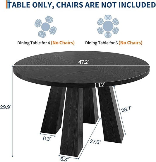 IDEALHOUSE 47" Round Dining Table for 4-6, Wood Kitchen Table with Sturdy Base, Farmhouse Circle Dinner Table for Dining Room, Living Room, 4 Strong Legs, Black