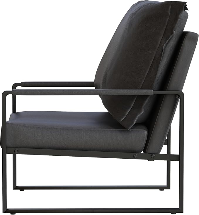AWQM Modern PU Leather Accent Chair Arm Chair with Extra-Thick Padded Backrest and Seat Cushion Sofa Chairs for Living Room Bedroom, 105 Degree Slant Back, Non-Slip Adsorption Feet-Black(Set of 1)