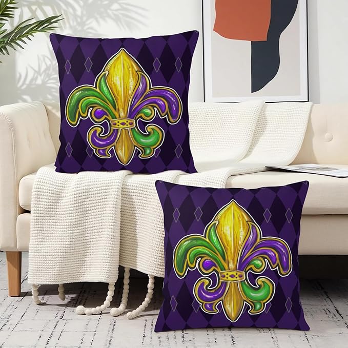 Mardi Gras Pillow Covers 22x22 Set of 2 Fleur De Lis Decorative Throw Pillows Purple Green Gold Outdoor Decorative Holiday Pillow Cases for Porch Sofa Couch Party Decor