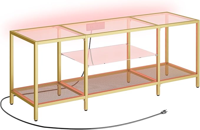 HOOBRO TV Stand with LED Lights and Power Outlets for TVs up to 65", Modern 55 Inch Tempered Glass TV Console Table with Open Shelves, Media Entertainment Center for Living Room, Gold GD145UDS01