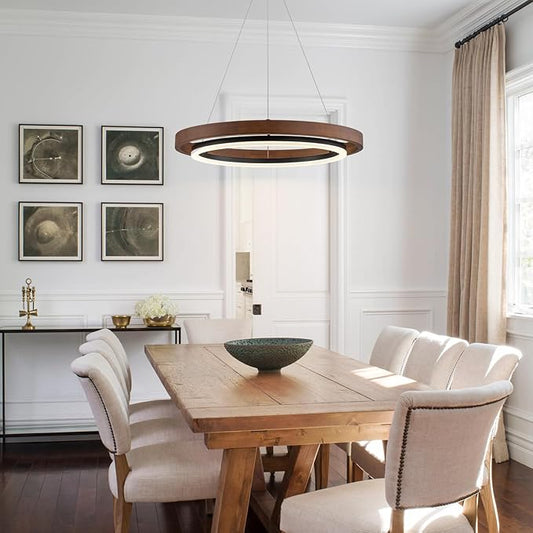 Modern LED Wooden Chandelier, 24" Dimmable 1-Ring Round Farmhouse Walnut Color Circular Dining Room Light Fixtures for Entryway Kitchen Foyer Living Room