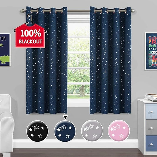 H.VERSAILTEX Blackout Star Curtains for Kids Room Boys Girls Twinkle Silver Stars Full Light Blocking Cute Thick Soft Curtain Drapes, Grommet Top, 2 Panels, 52" W x 63" L, Navy