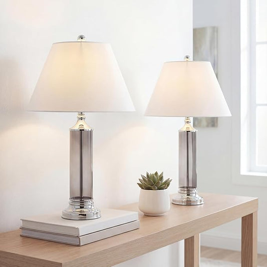 JONATHAN Y 29" Smoked Gray Glass LED Table Lamp Set of 2, Modern Bedside Nightstand Lamps for Living Room Bedroom Office, White Linen Shade, Transitional Decor (JYL4014B-SET2)