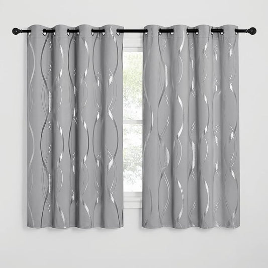 NICETOWN Blackout Curtains 63 inch Length 2 Panels, Silver Grey Window Treatment Thermal Insulated Soundproof Grommet Wave Line Foil Print Design Draperies for Living Room (52 inches Wide)