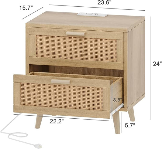 Rovaurx Rattan Nightstand with 2 Drawers, 23.6" Wide Bedside Table Night Stand with Charging Station, End Table for Bedroom, Boho Side Table with Solid Wood Legs for Bedroom, Modern Natural RCTG111ME