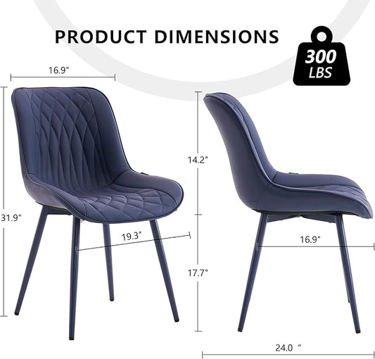 YOUNIKE Faux Leather Dining Chairs Set of 2 Mid-Century Modern High Padded Back Comfy Upholstered Kitchen Chairs with Metal Legs Wide Seat Accent Side Chair for Dining/Living/Waiting Room Navy Blue