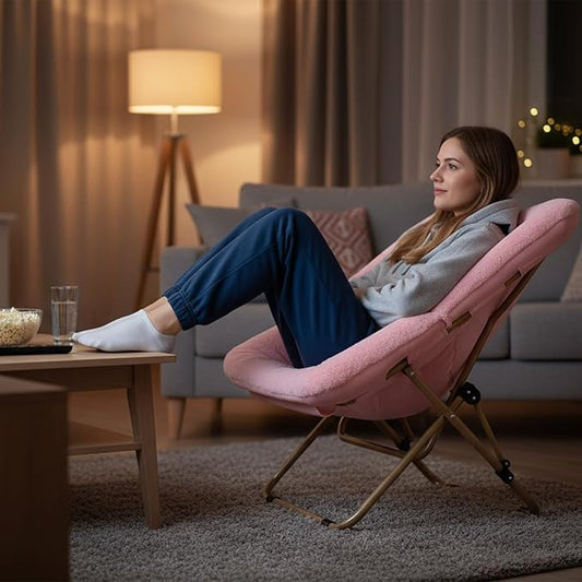 Comfy Folded Chair, Soft Faux Fur Oversized Folding Chair, Flexible Lazy Chair for Kids Girls Teens Adults, Metal Frame Moon Chair for Dorm Rooms, Bedroom, Living Room