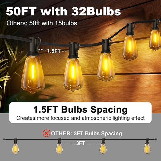 50FT Outdoor String Lights - 32+3 Bulbs (𝟏.𝟓𝐅𝐓 𝐁𝐮𝐥𝐛𝐬 𝐒𝐩𝐚𝐜𝐢𝐧𝐠) | Remote & Dimmer, 3 Light Modes & Timing, IP65 Waterproof, 50PC Mounting Ties for Patio/Outside/Commercial