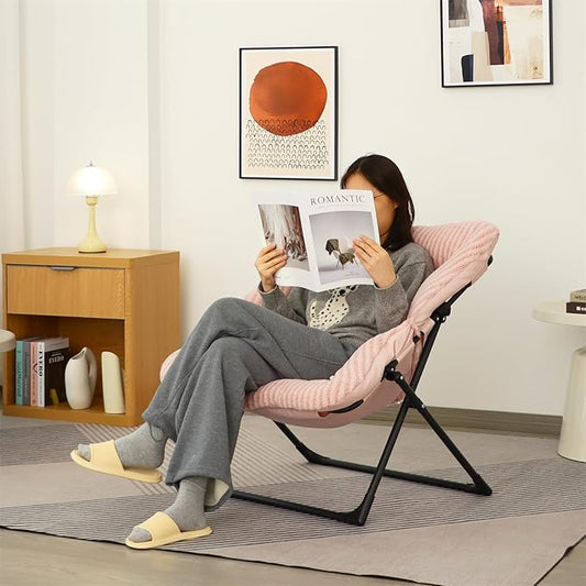 Comfy Saucer Chair for Adults, Soft Faux Fur Bedroom Chair, Accent Dorm Chairs, Flexible Living Room Reading Chairs, Oversized Folding Seat for Teens, X-Large, Stripe Pink