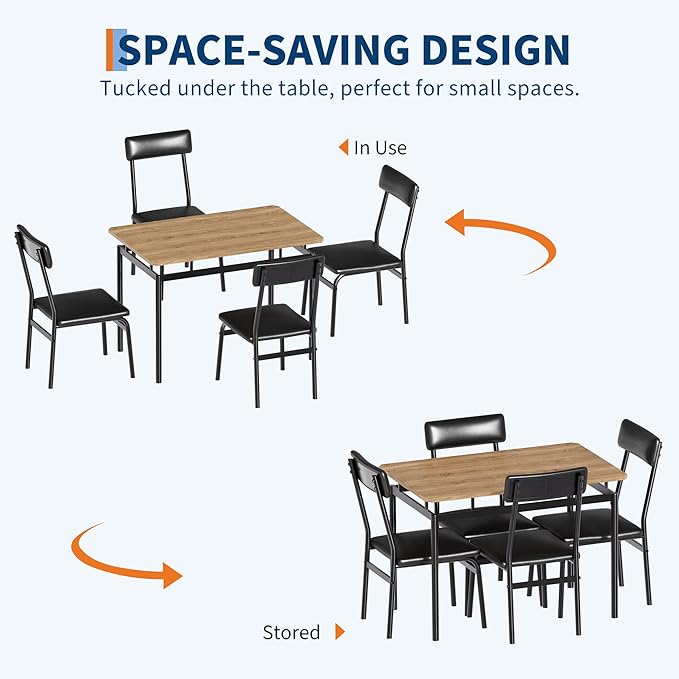 Garvee 5 Piece Dining Table Set, Wooden Kitchen Table Set with 4 PU Upholstered Chair, Industrial Metal Frame Dinette Set for Dining Room, Home Dinner, Party, Apartment, Studio, Black