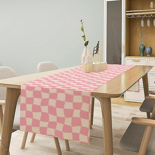 Boho Hippie Table Runner Groovy Pink Twisted Checkered Funky Modern Geometric Dinner Runner for Living Room Kitchen Party Holiday Dinner Home Decor 13x108in