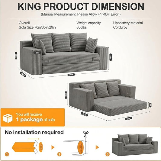 Oversize Loveseat Boneless Convertible Sofa Bed, Folding Floor Futon Sleeper Sofa Queen Size Couch Bed- Boneless Foldable Couch, Corduroy Pull Out Sofa Bed with 5 Pillows for Living Room & Bedroom