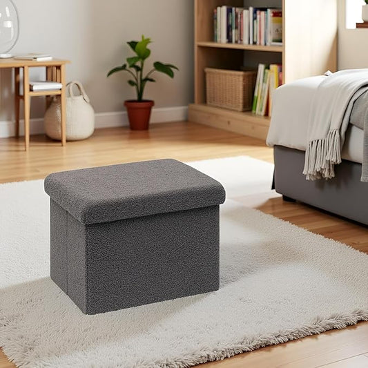 16.5 Inches Small Storage Ottoman - Square Ottoman with Sherpa Top,Storage Bench for Bedroom, 16.5" L x 12.6" W x 12.6" H-Grey