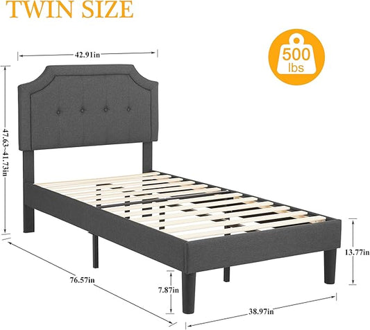 VECELO Twin Upholstered Platform Bed Frame with Adjustable Button Stitched Panel Headboard,Strong Wood Slat Support,Velcro Design,Mattress Foundation/Easy Assembly,Grey