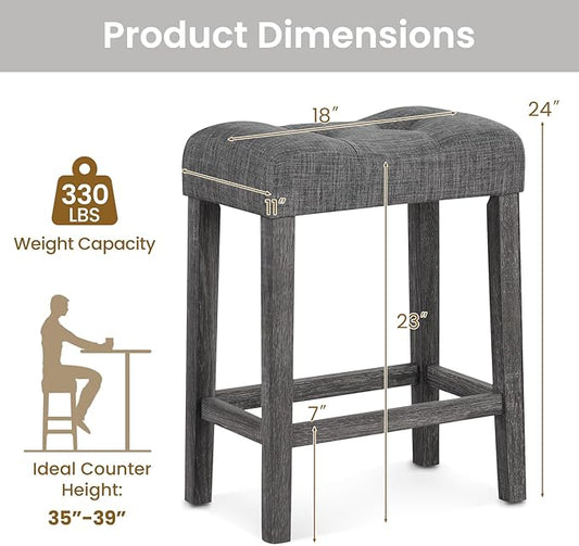 ERGOMASTER 24” Backless Bar Stools, Solid Rubber Wood, Button-tufting Seat, Dark Grey/Dark Wood, Set of 4