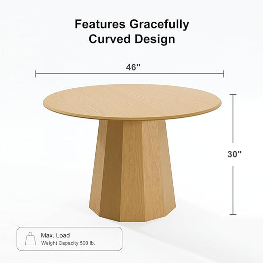 Casaphoria 46" Round Dining Table, Modern Wood Kitchen Table with Cone Shaped Strip Polygonal Base for Living Room & Dining Room, Easy Assembly Farmhouse Furniture for 4-6, Oak