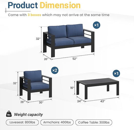 Solaste Aluminum Outdoor Patio Furniture Set, 4 Seats Patio Sectional Sofa with 5" Thick Cushion, Outdoor Patio Set with Coffee Table for Porch, Backyard, Deck, Yard, Blue