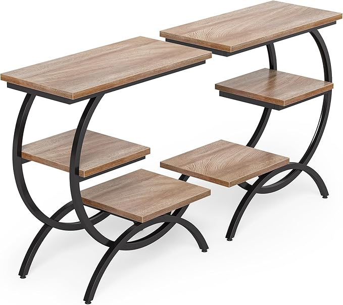 LITTLE TREE End Table Set of 2, Narrow End Table with 3 Storage Shelves, Industrial C-Shaped Small Sofa Side Table for Living Room, Wood Slim Snack Table with Black Metal Frame, Oak