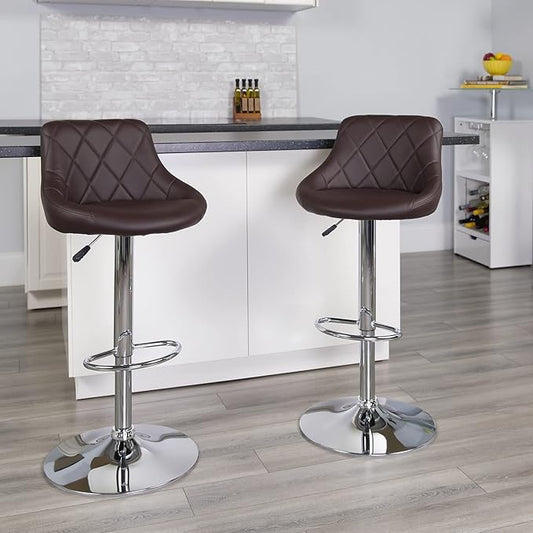 Flash Furniture Caldwell 2 Pack Contemporary Brown Vinyl Bucket Seat Adjustable Height Barstool with Diamond Pattern Back and Chrome Base