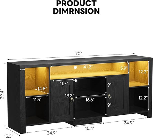 LIKIMIO TV Stand for TVs 80 inch with LED Lights & Power Outlet, Entertainment Center with Cabinets, Adjustable Shelves and Open Shelves, Modern Media TV Console Living Room, Black