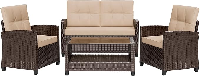 Shintenchi 4 Piece Patio Furniture Set, Outdoor Rattan Conversation Set with Coffee Table, Outside Wicker Sectional Sofa Couch with Cushion, Brown and Khaki
