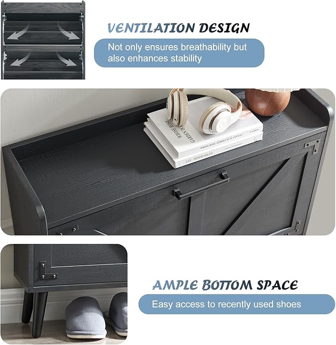Shoe Storage Cabinet with 2 Flip Drawers, Farmhouse Hidden Shoe Organizer, Narrow Slim Shoe Rack Cabinet for Entryway Hallway,Black