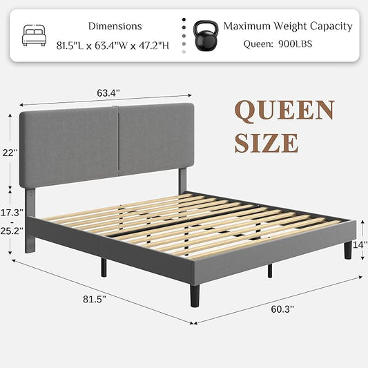 VECELO Queen Bed Frame Upholstered with Charging Station, Height-Adjustable Headboard, Wooden Slat Support, No Box Spring Needed, Easy Assembly, Dark Grey