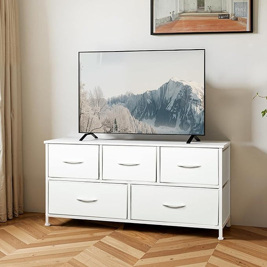 SHAWKEN Dresser for Bedroom with 5 Drawers,Fabric Dresser with One-Piece Steel Frame,Budget-Friendly Organizer for Closet, Hallway, Studio Apartment (Leather White)