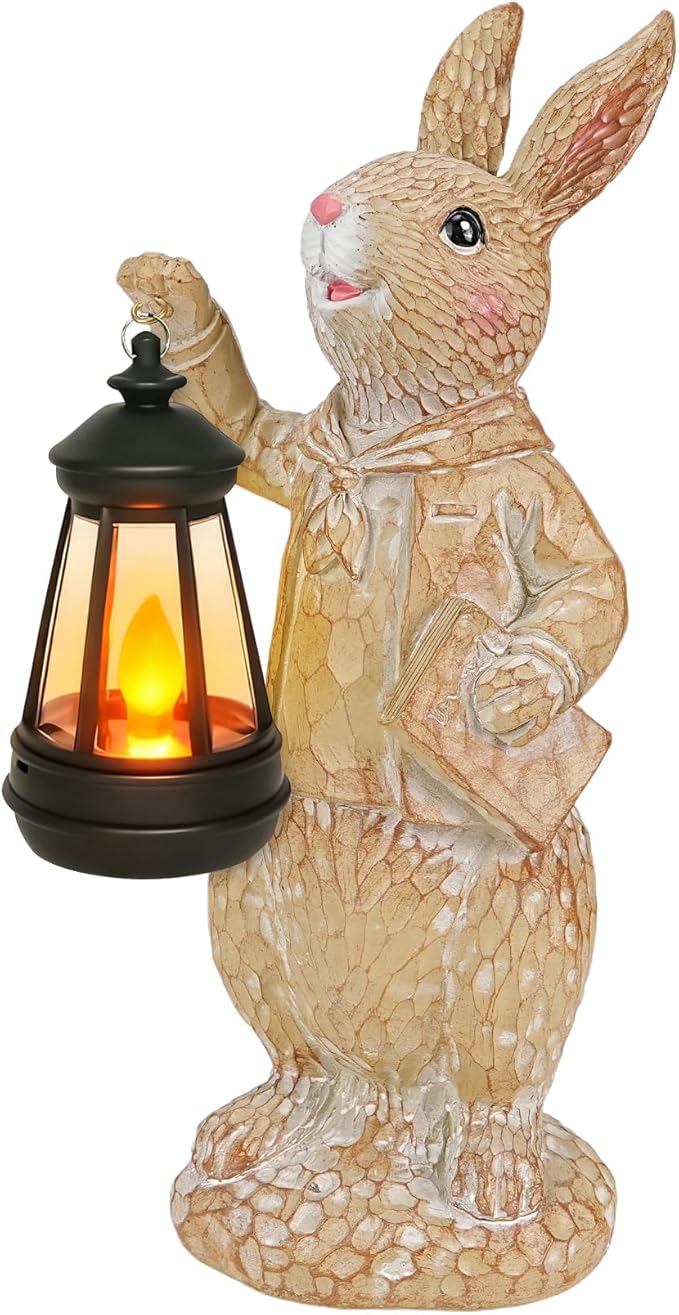 Dr. Bunny Solar Garden Statue, Easter Rabbit Figurine with Glowing Lantern, Handcrafted Resin Outdoor Decor for Patio, Balcony, Yard, Gift for Women, Housewarming, Birthday, Easter Party Decoration