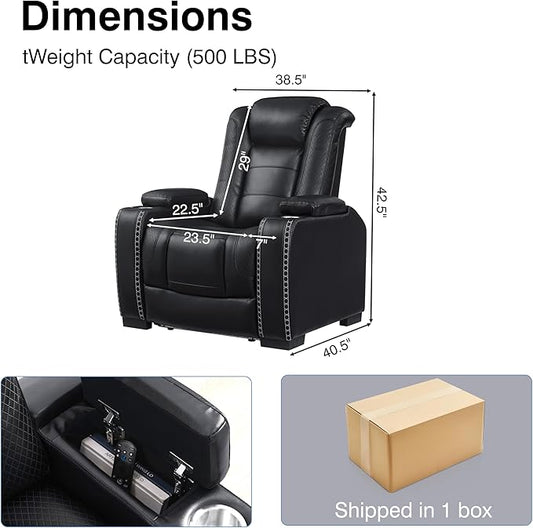 THSUPER Brown Leather Power Theater Recliner Chair with Arm Storage and LED Lights, Reclining with Power Headrest and Cup Holders for Living Room Furniture. Black Chair