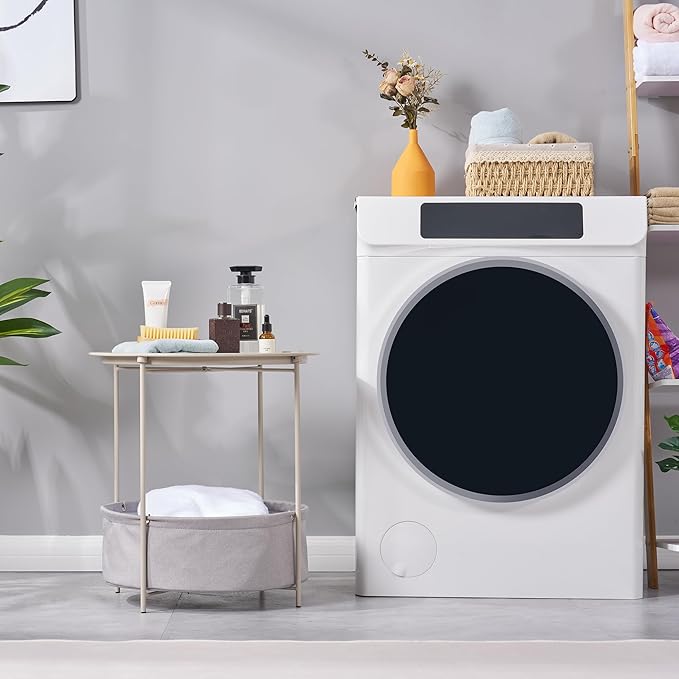VECELO Round Side/End Table with Fabric Storage Basket,Metal Anti-Rust and Waterproof Small Bedside Nightstand with Removable Tray Top for Living Room,Balcony & Laundry,Grey /1pcs with Basket