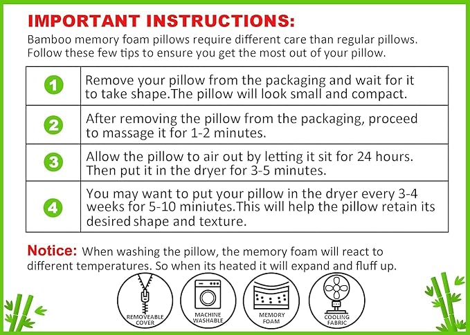 Rayon Derived from Bamboo Pillows Standard Size Set of 2 - Adjustable Shredded Memory Foam for Sleeping - Cooling & Breathable Pillowcase with Zipper - Back, Stomach, Side Sleeper 26x20 Inch