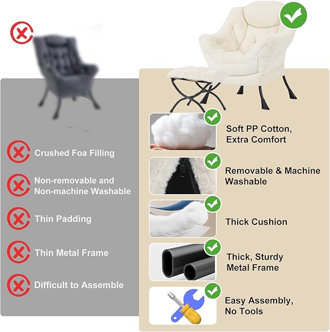 Lazy Chair with Ottoman, Modern Chair with Folding Footrest, Plush Beige Accent Chair, Comfortable Reading Chair, Oversized Armchairs for Bedroom, Study, Living Room, Courtyard