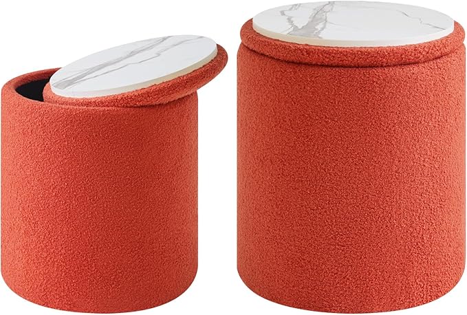 IBUYKE Storage Ottoman Set of 2 Round Ottoman Fleece Vanity Stool with Storage Velvet Footrest Stool End Table Boucle Ottoman for Home Organization UWBD015J